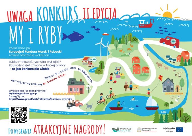 Plakat konkursu „MY i RYBY – jak Europejski Fundusz Morski i Rybacki zmienił otoczenie wokół nas”