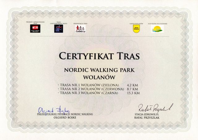 Certyfikat tras Nordic Walking Park Wolanów
