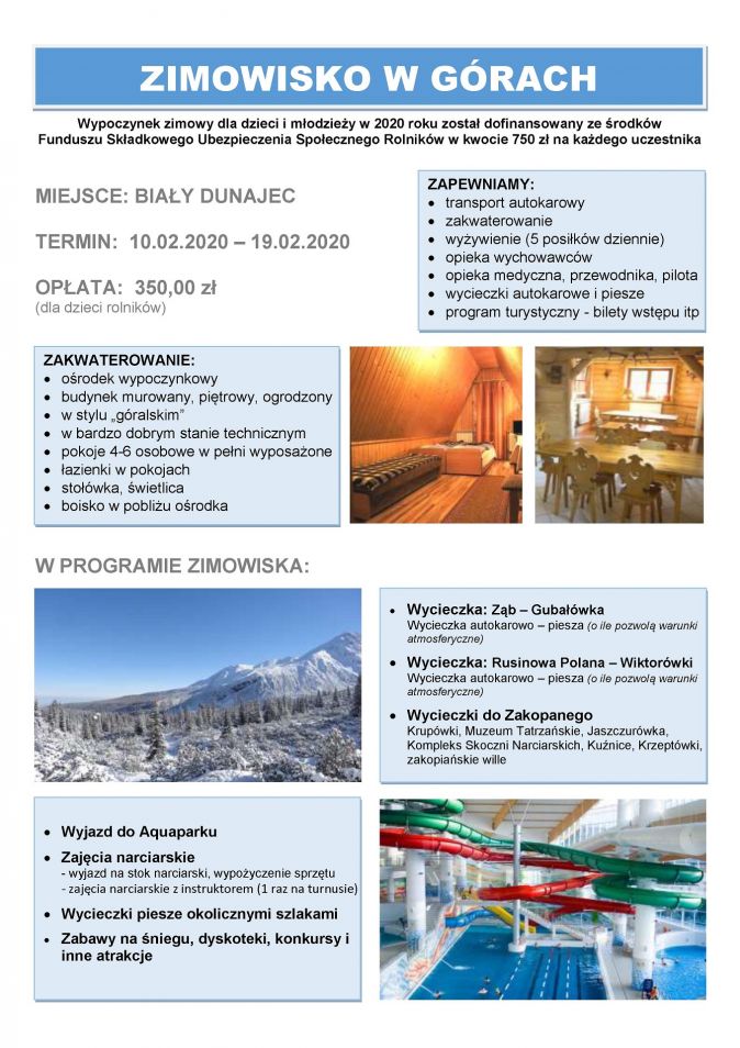 Program Biały Dunajec KRUS zima 2020 10.02. - 19.02.2020
