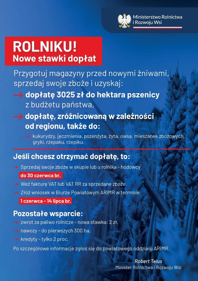 Plakat: Nowe stawki dopłat dla rolników