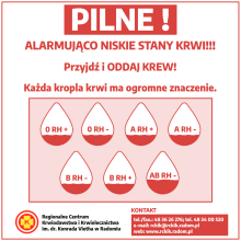 Plakat alarmująco niskie stany krwi
