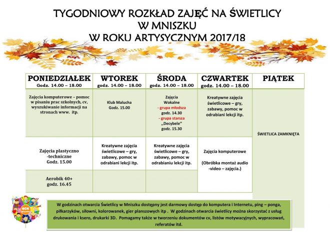 Tygodniowy rozkład zajęć - Mniszek