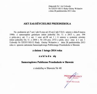 Akt założycielski przedszkola w Sławnie