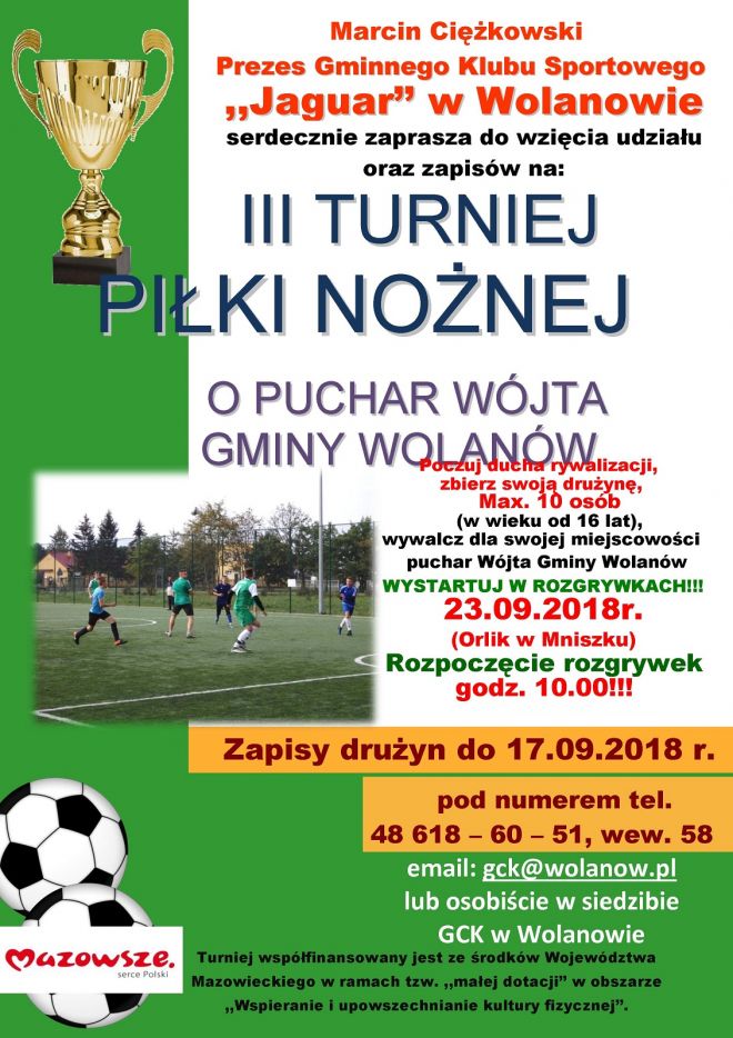 Plakat: III TURNIEJ PIŁKI NOŻNEJ O PUCHAR WÓJTA GMINY WOLANÓW