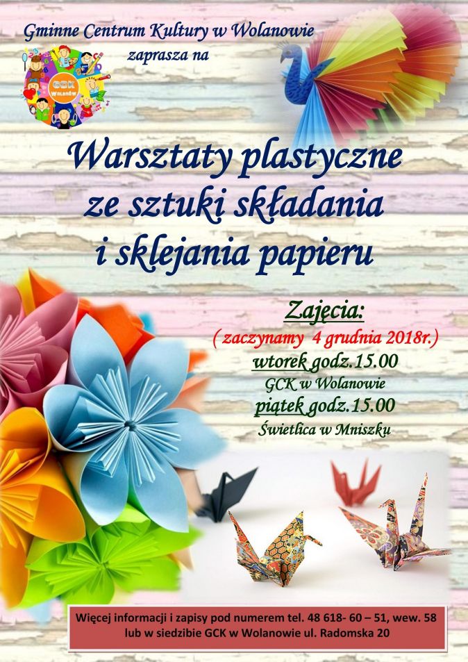 plakat warsztatów plastycznych ze sztuki składania i sklejania papieru