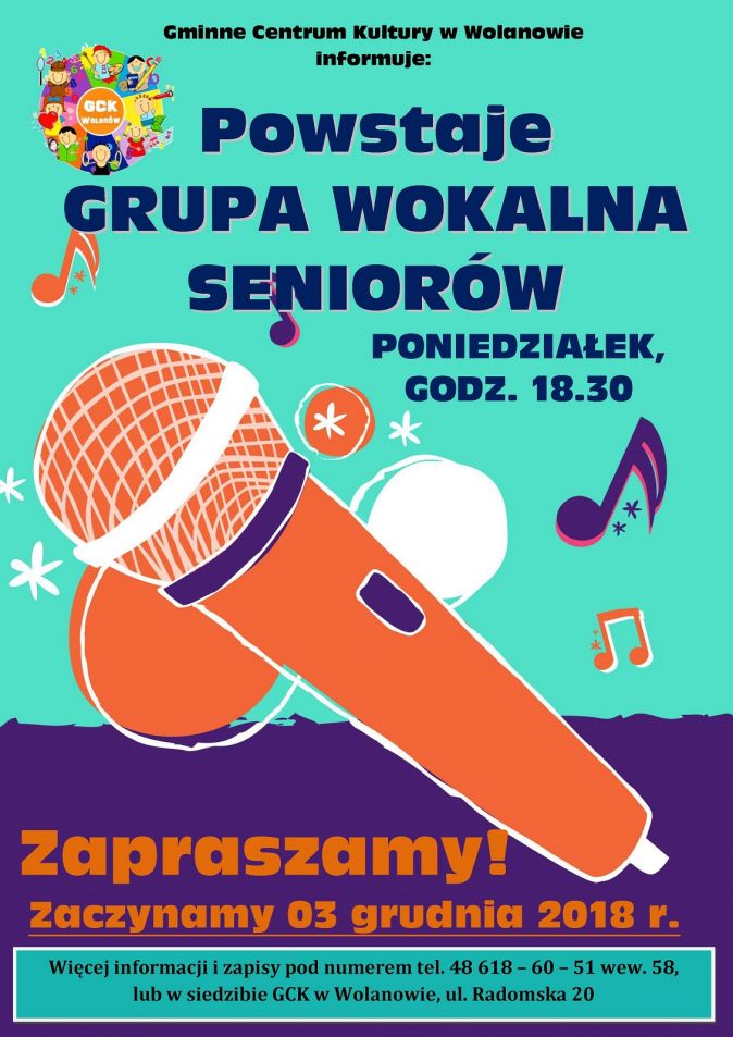 Plakat: Zaproszenie na zajęcia wokalne dla seniorów