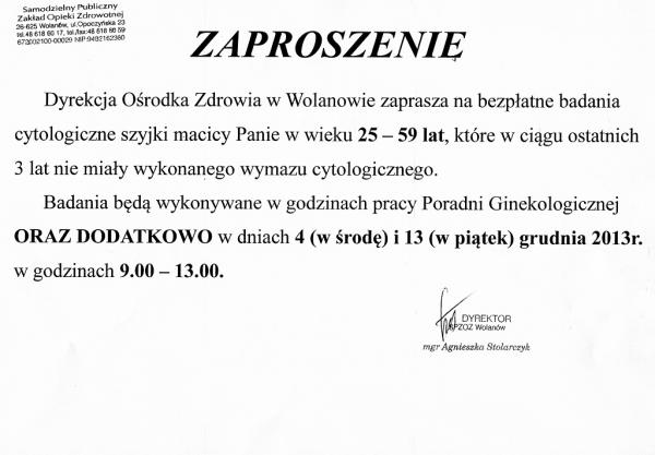 Zaproszenie na bezpłatne badania cytologiczne szyjki macicy