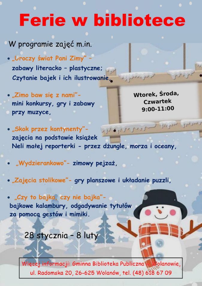 Plakat: Ferie zimowe w bibliotece w Wolanowie