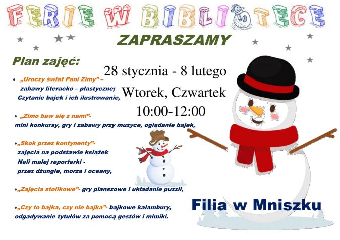 Plakat: Ferie zimowe w filii w Mniszku