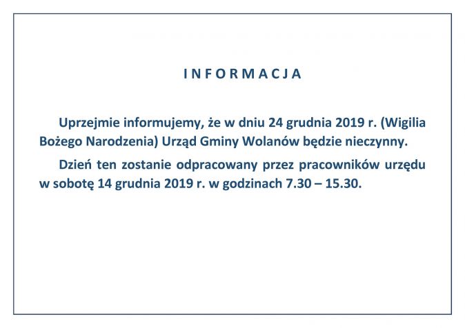 W Wigilię Bożego Narodzenia Urząd Gminy Wolanów będzie nieczynny