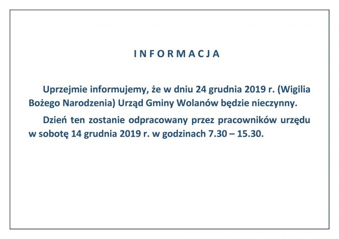 W Wigilię Bożego Narodzenia Urząd Gminy Wolanów będzie nieczynny