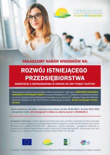 Plakat "Ogłaszamy nabór wniosków na rozwój istniejącego przedsiębiorstwa"