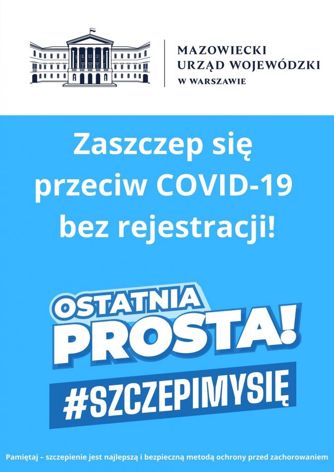 Plakat: Wojewoda Mazowiecki zaprasza do udziału w akcji szczepień przeciw COVID-19