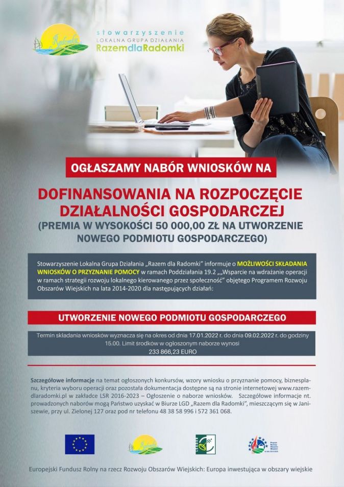 Plakat: Premie na rozpoczęcie działalności gospodarczej 50 000,00 zł.