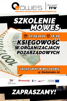 Plakat: szkolenie Mazowieckiego Ośrodka Wsparcia Ekonomii Społecznej "Księgowość w organizacjach pozarządowych".