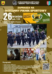 6 Mazowiecka Brygada Obrony Terytorialnej we współpracy ze Starostwem Powiatowym w Przysusze zapraszają do udziału w rodzinnym pikniku sportowym „WOTgames” z okazji Święta Wojsk Obrony Terytorialnej. Na przybyłych gości czeka wiele atrakcji, m.in. zawody sportowe, degustacje regionalnych przysmaków oraz koncert Orkiestry Wojskowej z Radomia. Zapraszamy!