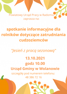 Plakat: Spotkanie informacyjne dlarolników dotyczące zatrudnianiacudzoziemców